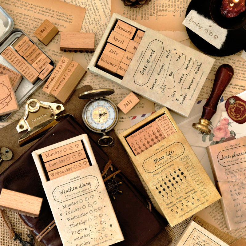 Time Travel Vintage Perpetual Calendar Wooden Rubber Stamp Set b