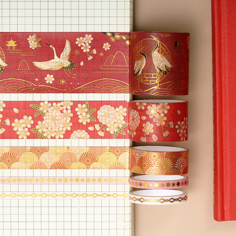 Tape - Traditional Chinese Style Gold Crane Red Bloom Washi Tape Set