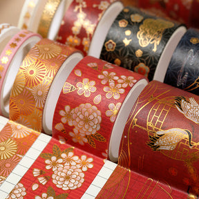 Traditional Chinese Style Gold Crane Red Bloom Washi Tape Set c1