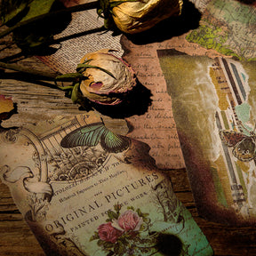 Vintage Burn Marks Scrapbook Paper - Butterfly, Travel, Newspaper, Music, Manuscript, Astrology, Map, Ticket4