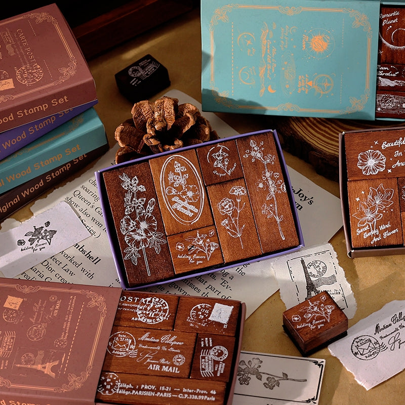 Vintage Flowers Stamps Wooden Rubber Stamp Set a