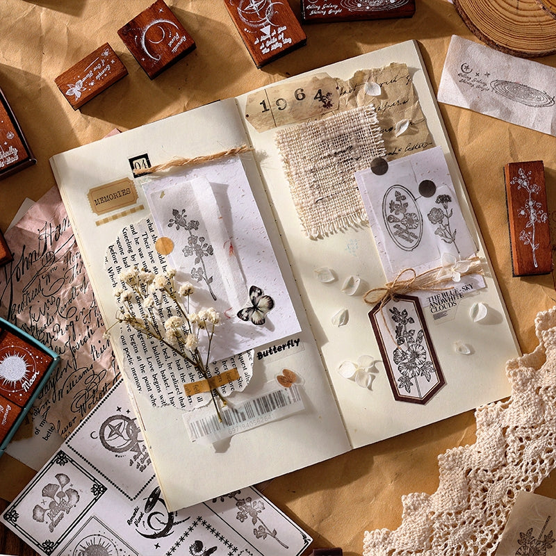 Vintage Flowers Stamps Wooden Rubber Stamp Set b2