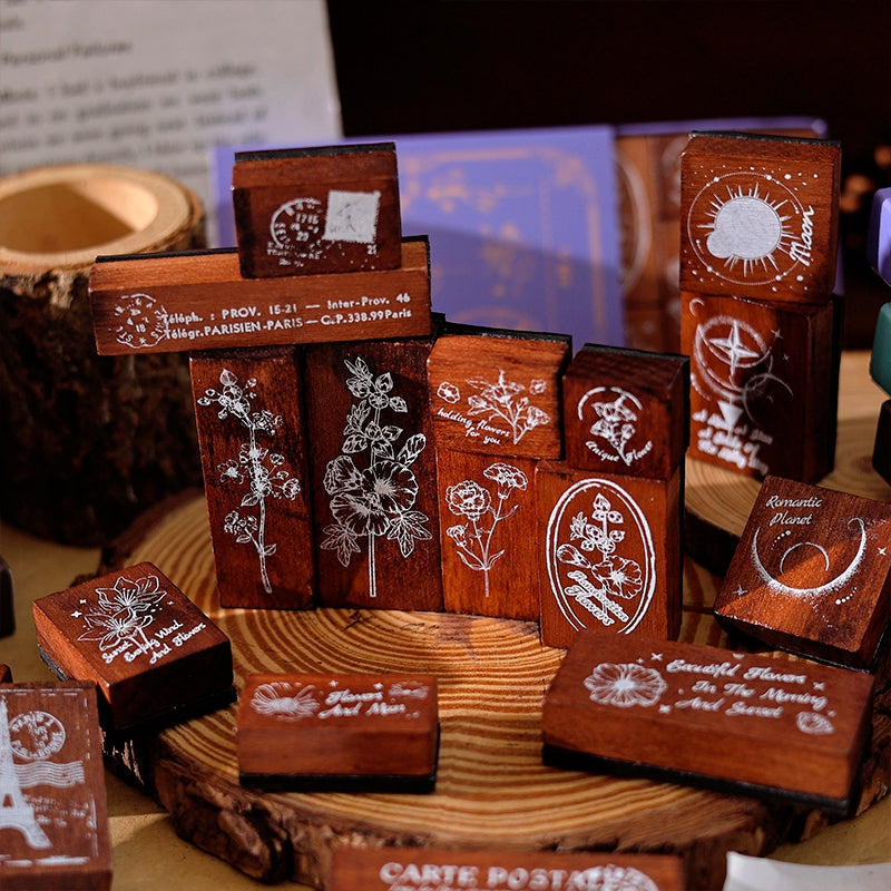 Vintage Flowers Stamps Wooden Rubber Stamp Set b4