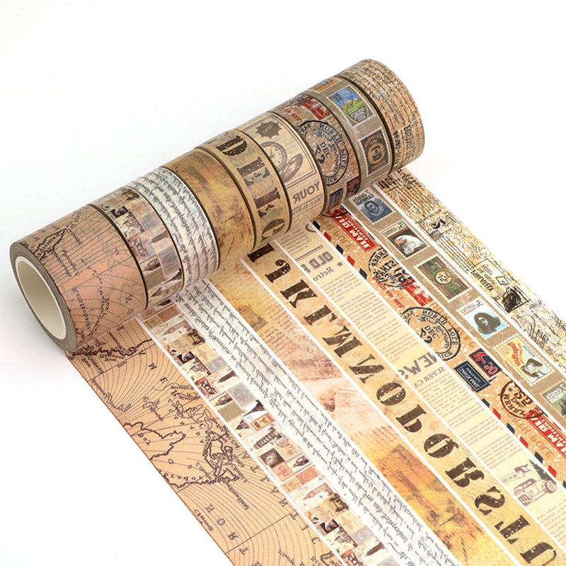 Vintage Washi Tape Set - Alphabet, Travel, Stamp, Newspaper, Manuscript, Texture1