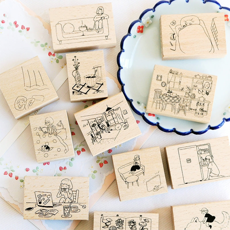 Winter Series Cartoon Character Girl Illustrations Wooden Rubber Stamp a